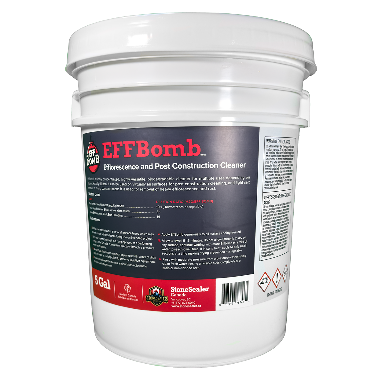 EffBOMB efflorescence remover concentrate pail, made by StoneSealer Canada