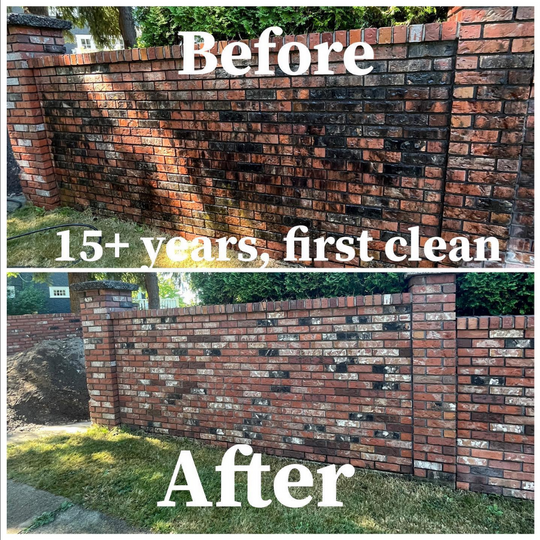 a before and after picture of a brick wall which hadn't been cleaned in 15 years, it was treated with oxyshock eco friendly organics removing cleaner then professionally pressure washed, made in Canada