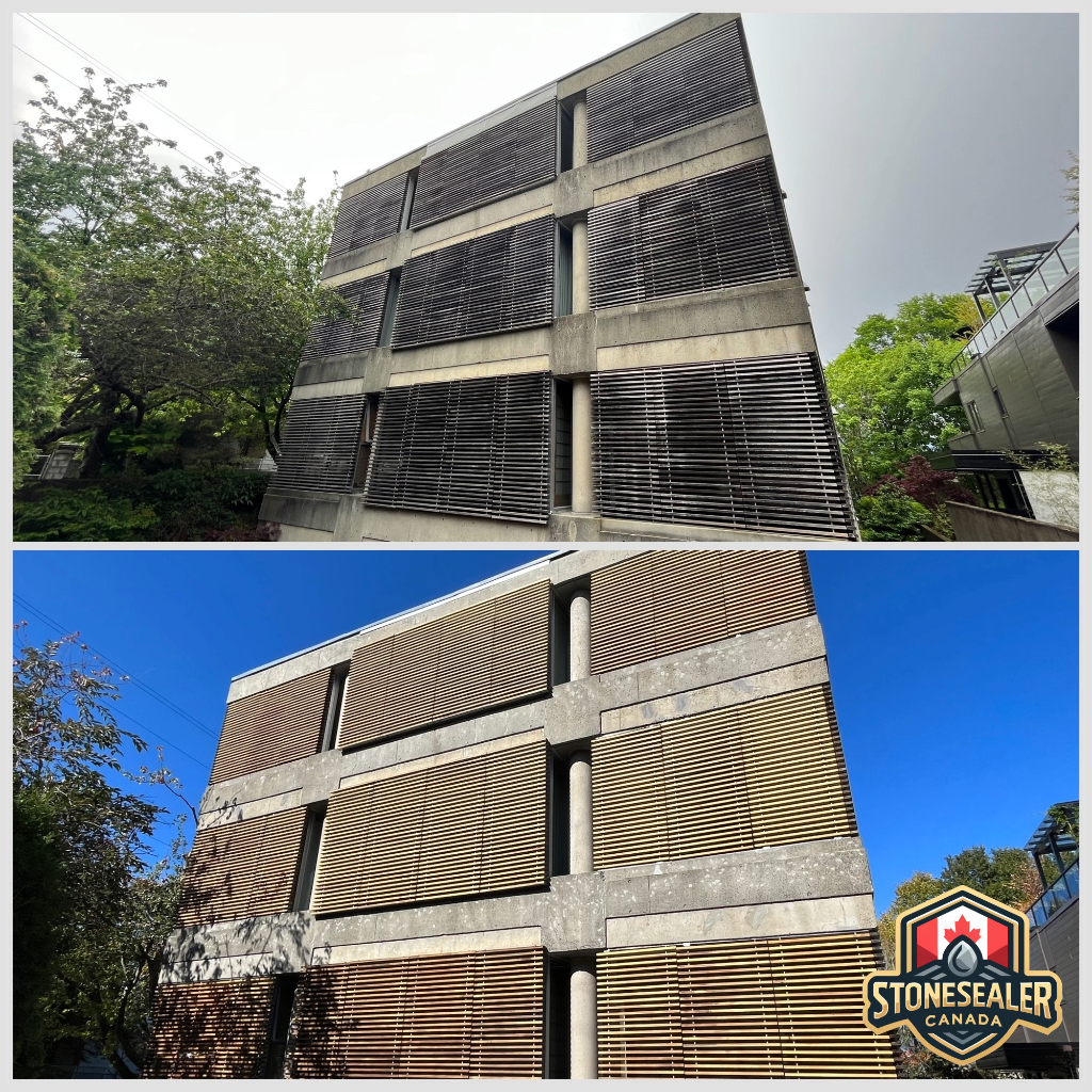 A before and after picture of a concrete and cedar apartment building in the point grey area of Vancouver which was cleaned and sealed using stonesealer Canada brand cleaners, along with stain-proof brand sealers.