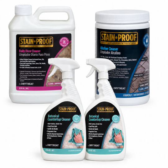 a product photo showing StoneSealer's exclusive StainProof brand home cleaning bundle to clean all types of stone and sealed surfaces in and out of a persons home or building. the bundle includes 1 bottle of stainproof daily floor cleaner, one bottle of stainproof alkaline cleaner, and two bottles of stainproof's new botanical countertop cleaner which replaced stainproof daily countertop cleaner.