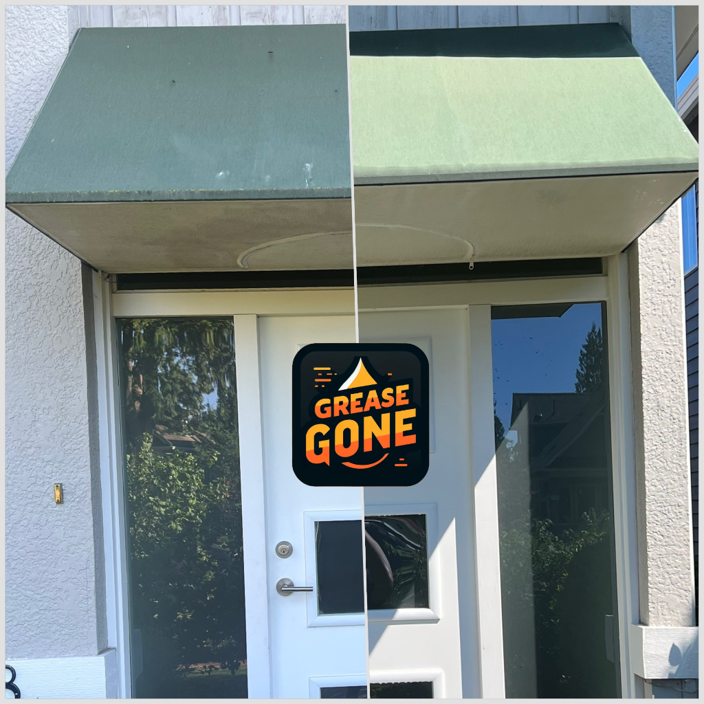 a before and after picture of a green fabric awning on a house which has been cleaned with grease gone degreaser in Canada