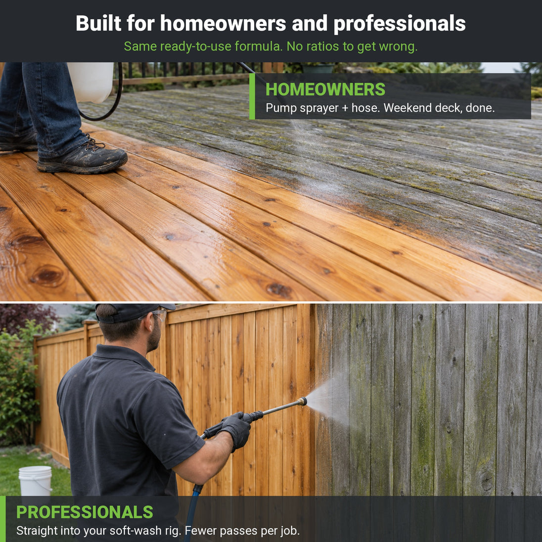 OxyShock HD for homeowners with a pump sprayer and professionals with a soft-wash rig