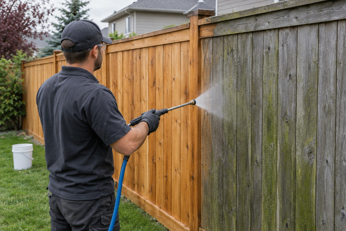 Contractor soft-washing a grey cedar fence with OxyShock HD, restored bright cedar boards on the left