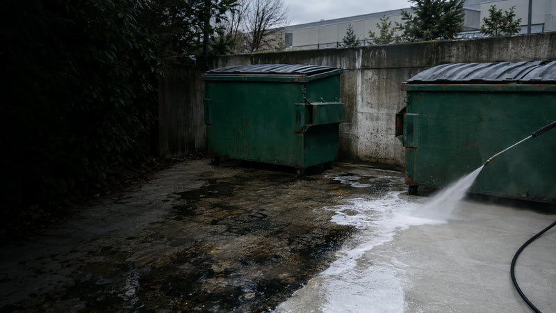Degreasing an oil-stained concrete commercial dumpster pad with a hot water pressure washer
