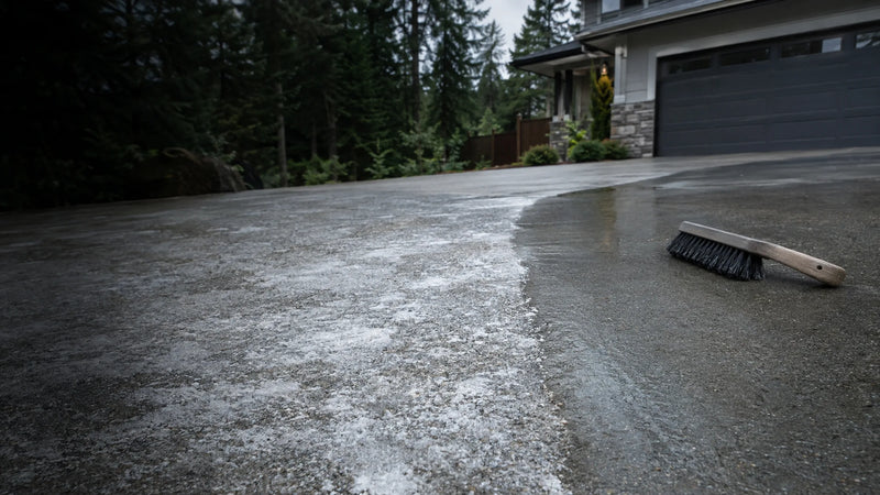 Concrete driveway with white efflorescence deposits beside a freshly cleaned section