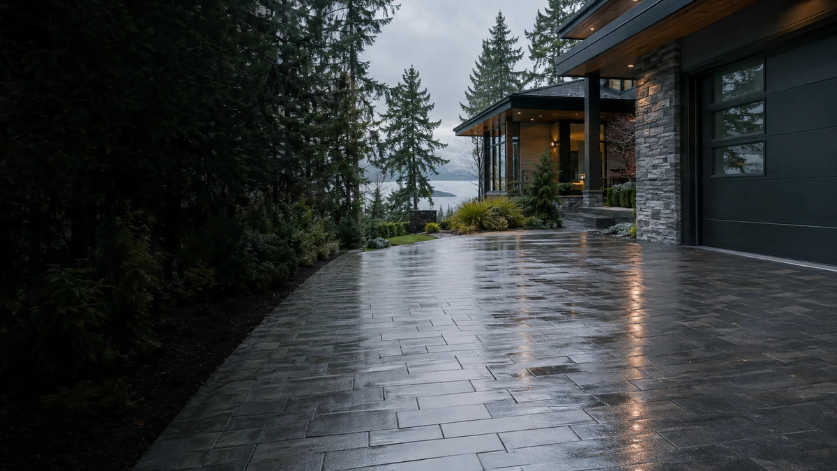 Freshly sealed interlocking paver driveway with a rich wet-look finish at a British Columbia home